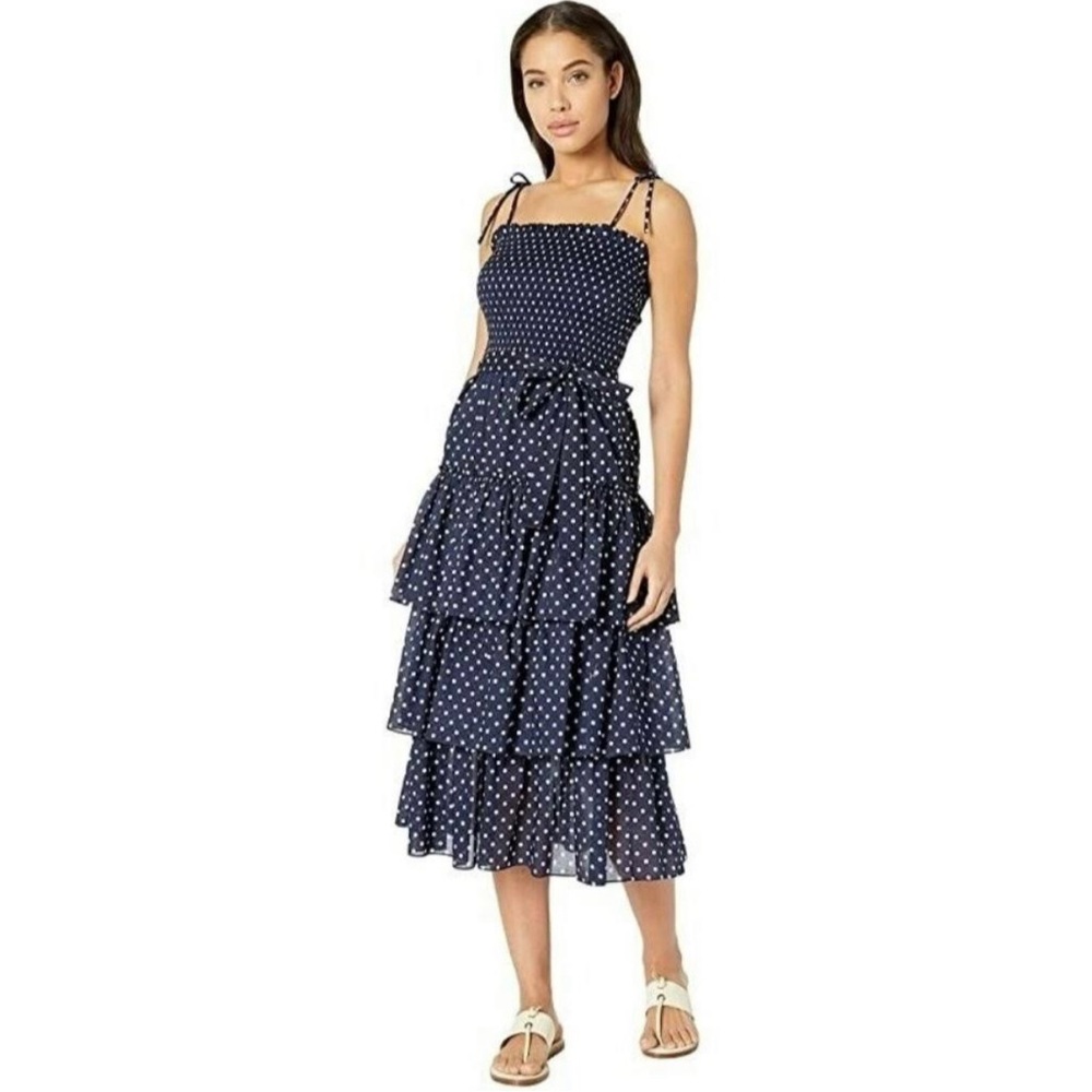 Tory Burch Navy Polka Dot Smocked Ruffle Midi Dress. Excellent condition! XS